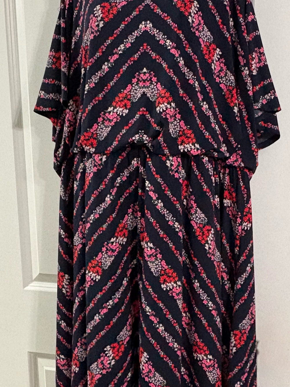 Maurices Navy Maxi Dress with Pink & Red Floral Stripes